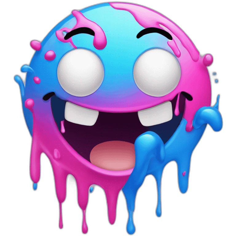 one cartoon smiley face in blue and pink tones, paint dripping down it, he smiles, waves his hands, excellent, illustration, vector, high detail, realistic, transparent background emoji