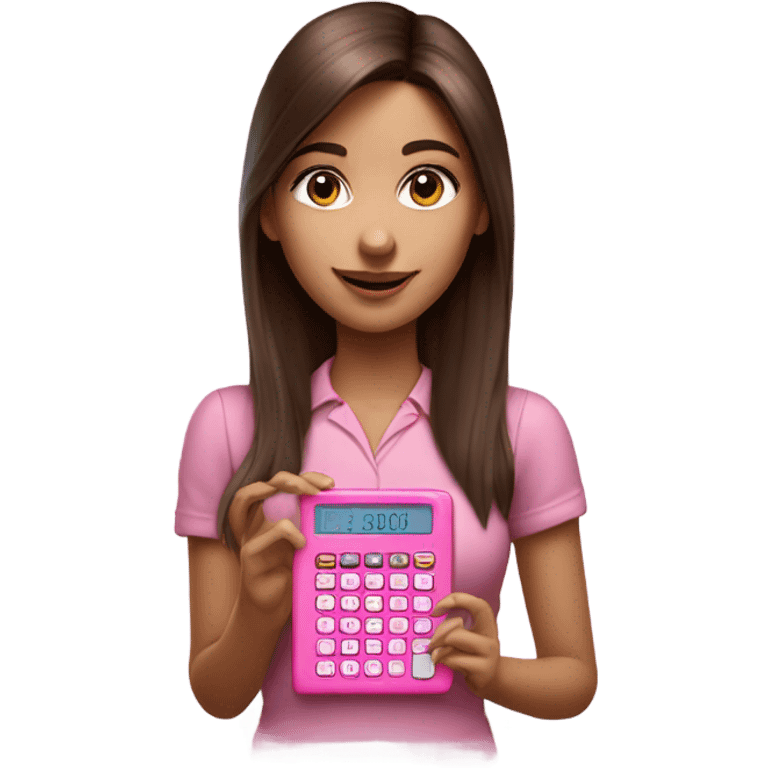 Hyper realistic pretty girl with straight brown hair holding a pink calculator emoji