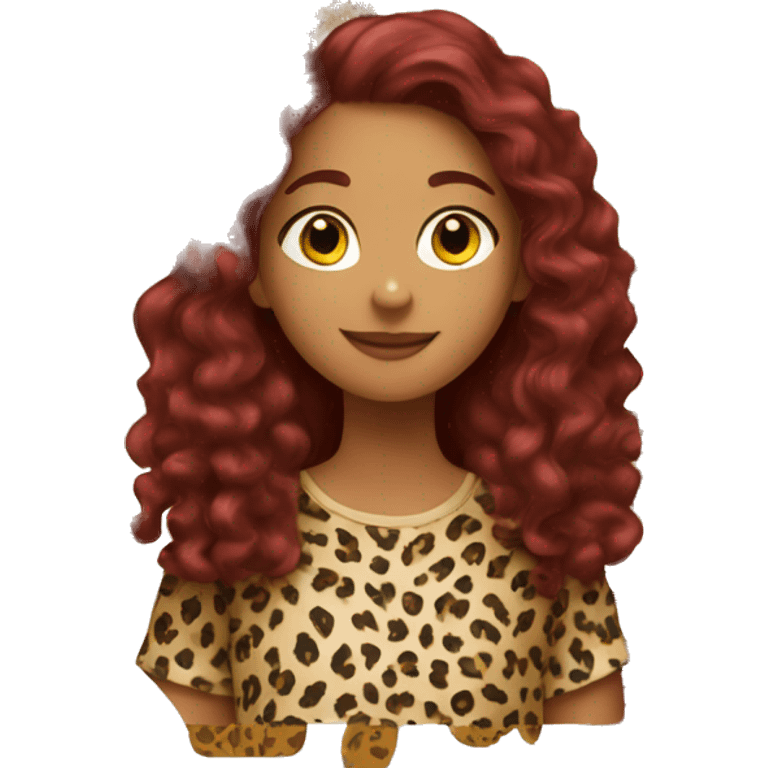 Girl with long burgundy, curly hair, wearing a cheetah print shirt emoji