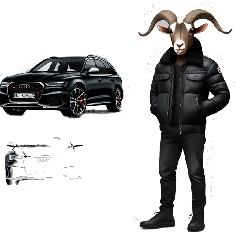 Cool goat in black Moncler jacket driving black Audi RS6 emoji