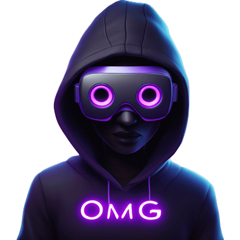 Ilon Mask wearing a black hoodie with "OMG" letters on it and VR headset oculus quest 2 in a cyberpunk VR environment with violet neon lighting. emoji