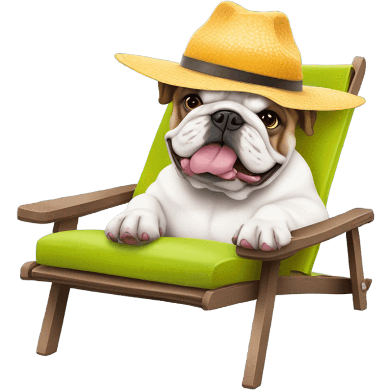 English bulldog sitting in a lawn chair, wearing a wide brim hat and drinking a fruity cocktail  emoji