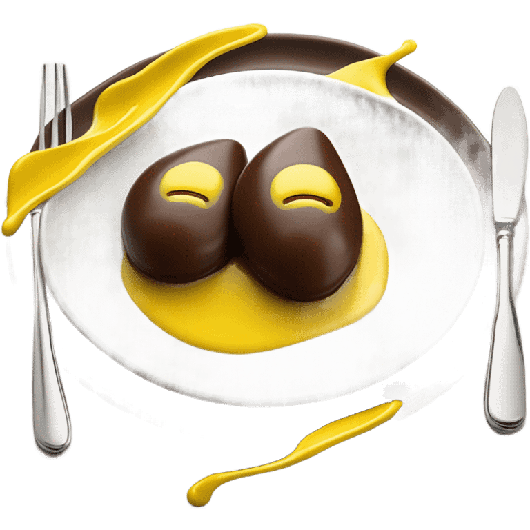 1 Chocolate quenelle and 1 vanilla quenelle on a fine dining glass plate with 3 small drops of yellow sauce as decoration emoji