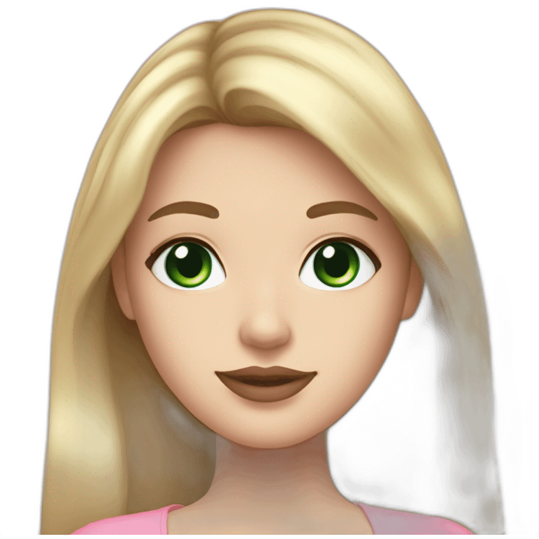 Female with long brown hair. Light bang. Dark Green eyes. Pale skin. Aesthetic cute pink outfit. Pink lipstick. Blonde eyebrows  emoji