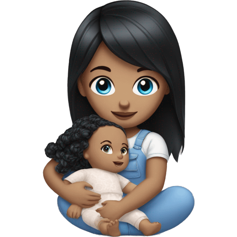 white Girl with black hair and blue eyes playing with baby doll emoji