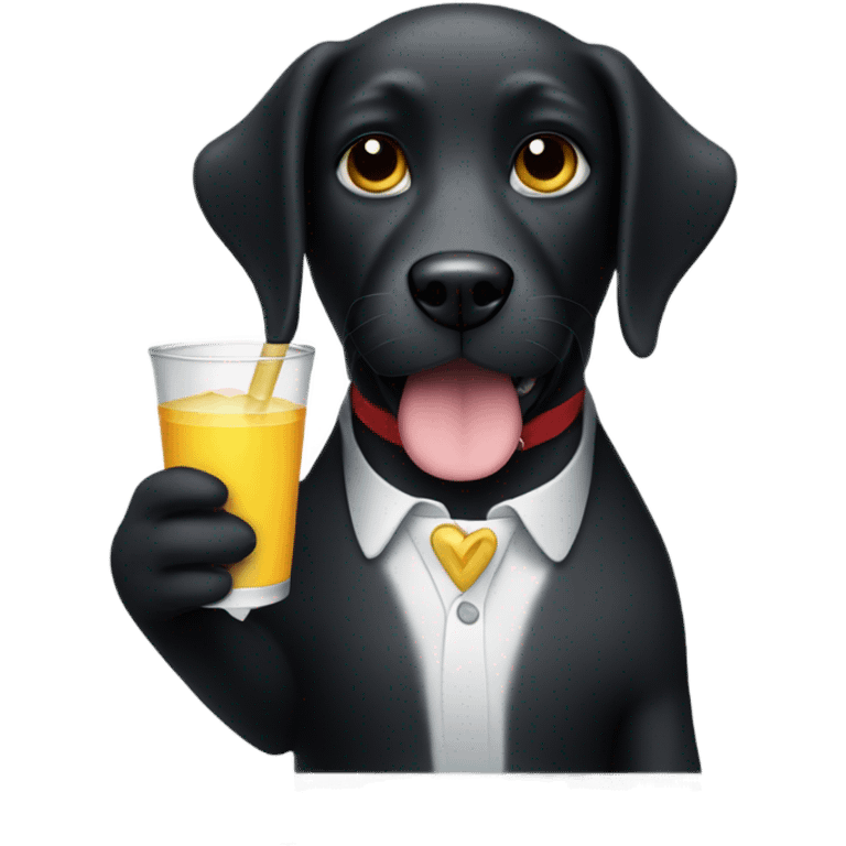 black dog holding a drink and wearing birthd emoji