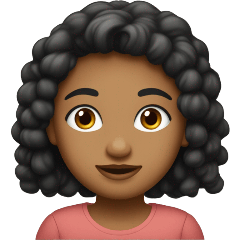 uma menina dos olhos pretos redondos e um pouco grandes e com pouquinha olheira, cabelos médios liso preto, lábios um pouco finos, blusa bege até o pescoço, sorriso quadrado emoji