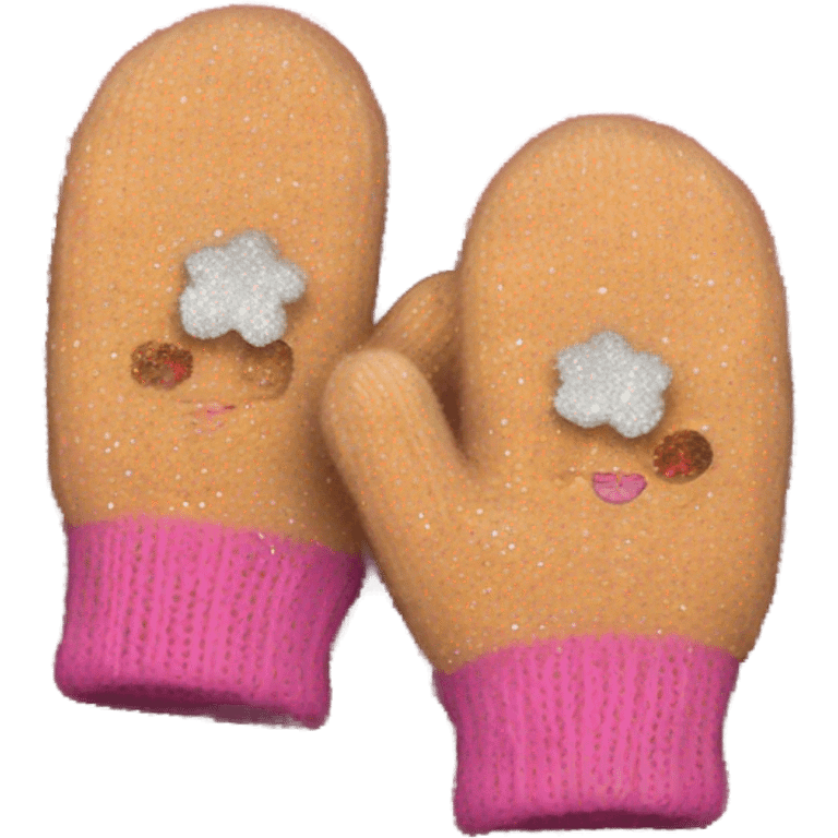 A pair of cozy knitted mittens with a glitter design emoji