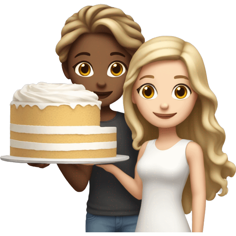 Blond wavy girl with brown straight hair girl together holding big white cake emoji