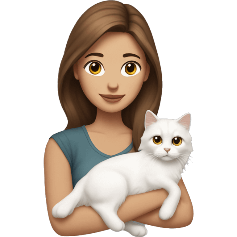 woman with brown hair holding a white Siberian cat emoji