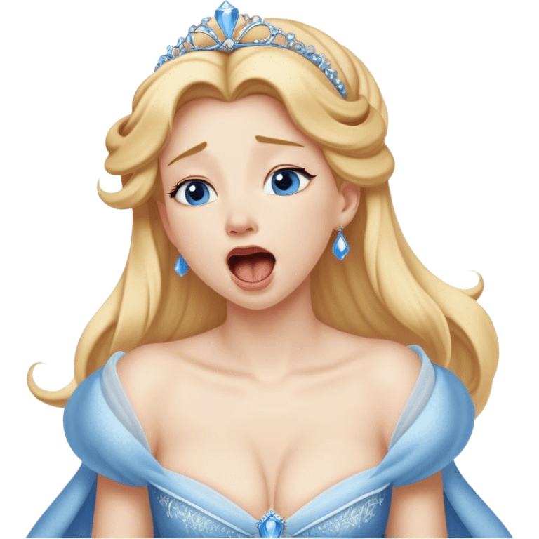 Cinematic Realistic Yawning Cinderella Portrait, showcasing lifelike porcelain skin and intricately detailed golden-blonde hair styled flawlessly as she mid-yawn reveals a moment of tender vulnerability. Her half-closed blue eyes and relaxed expression are rendered with natural, soft lighting that emphasizes the subtle textures of her face and the detailed, flowing fabric of her iconic gown. The scene glows with a cozy, authentic warmth that captures a rare, intimate moment of repose. emoji