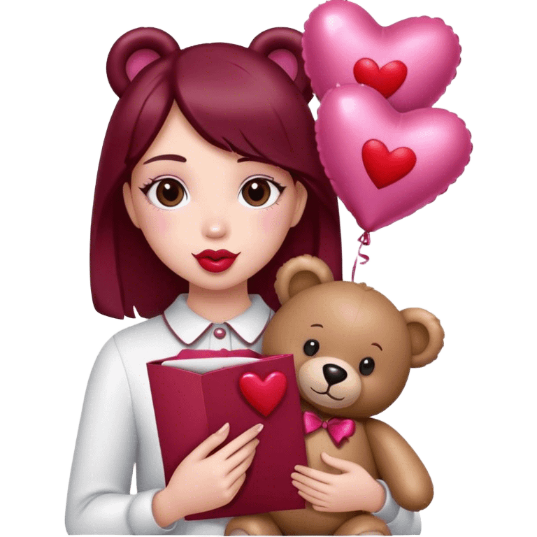 maroon love letter, three metallic pink heart-shaped balloons and red kisses and love teddy bear emoji