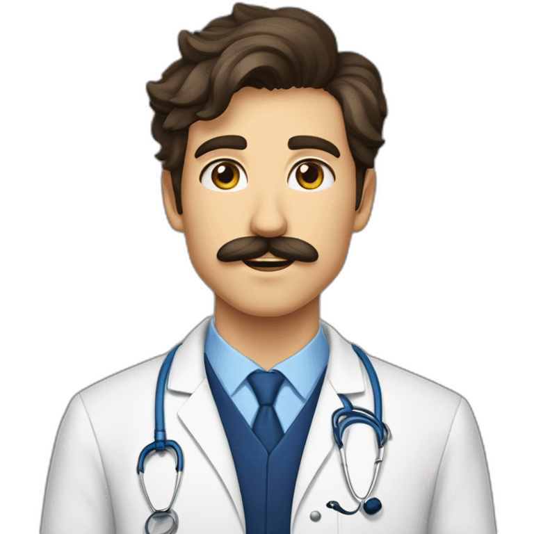 Jeune docteur mâle Brun, aux YEUX BLEUS, portant une moustache et un bouc  emoji