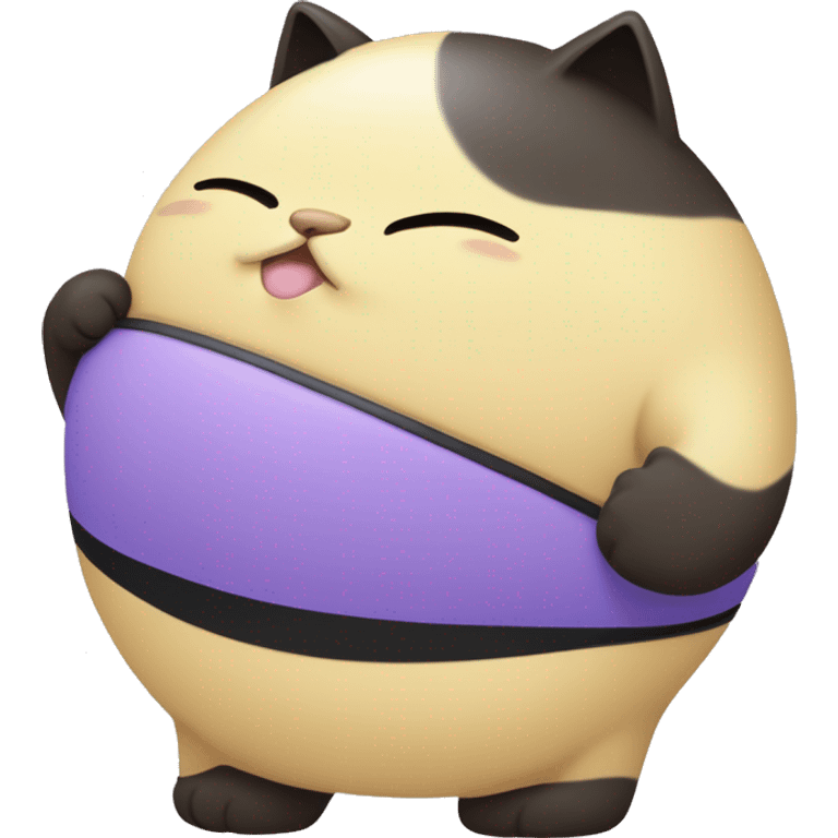 a 300 thousand kilogram weighting human kitty, with fur coloured one side light yellow and the other side light purple wearing black with blue stripe bikini being immobile, and grumpily happy while touching her massive belly on the floor emoji