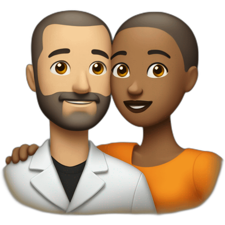 “White man with a buzz cut and skin fade, thin beard, and well-defined mustache by a barber, embracing his Black wife with very straight hair and large orange earrings.” emoji