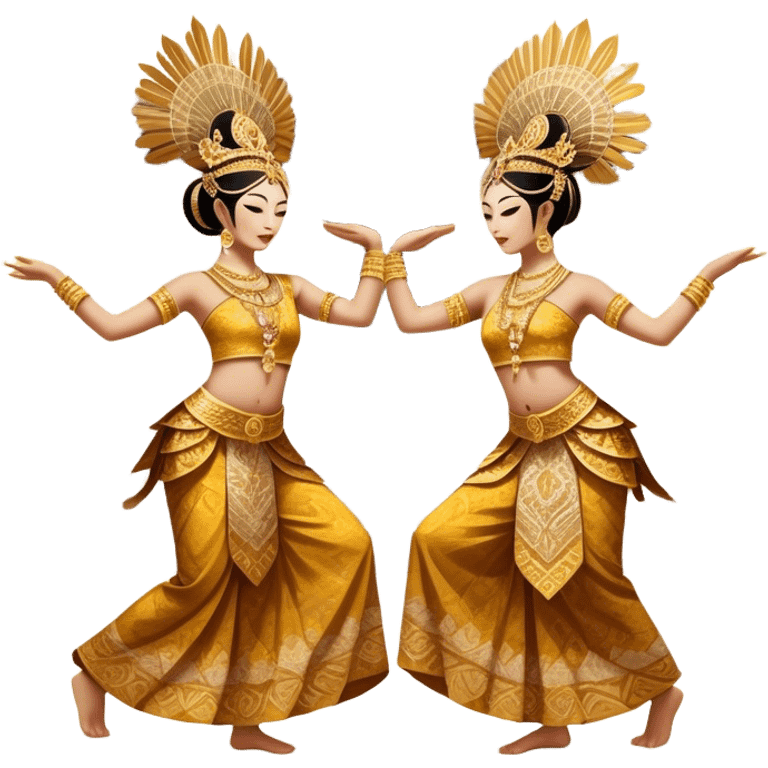 ​Cinematic Realistic Traditional Javanese Dancers, depicted as two graceful dancers in ornate traditional costumes with intricate batik patterns and elaborate headpieces, captured in dynamic poses during a ritual dance in an ancient temple courtyard, rendered with soft golden lighting and rich cultural textures, emoji