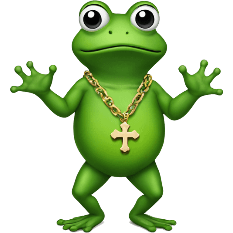 meme frog wearing cross necklace walking on two hands emoji