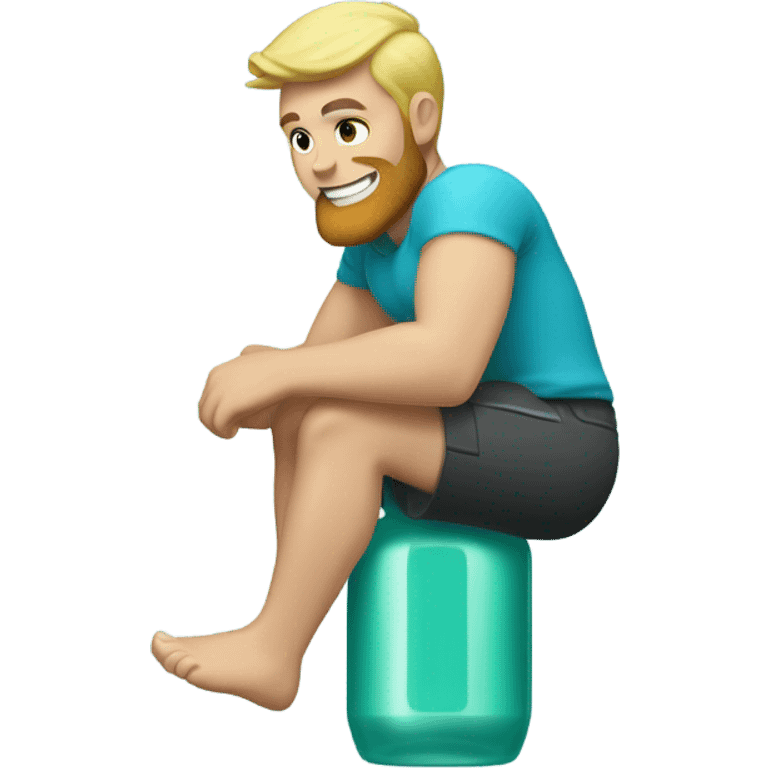 Buff man with blonde short hair and a medium length blonde beard riding on top of a giant bottle of listerine emoji