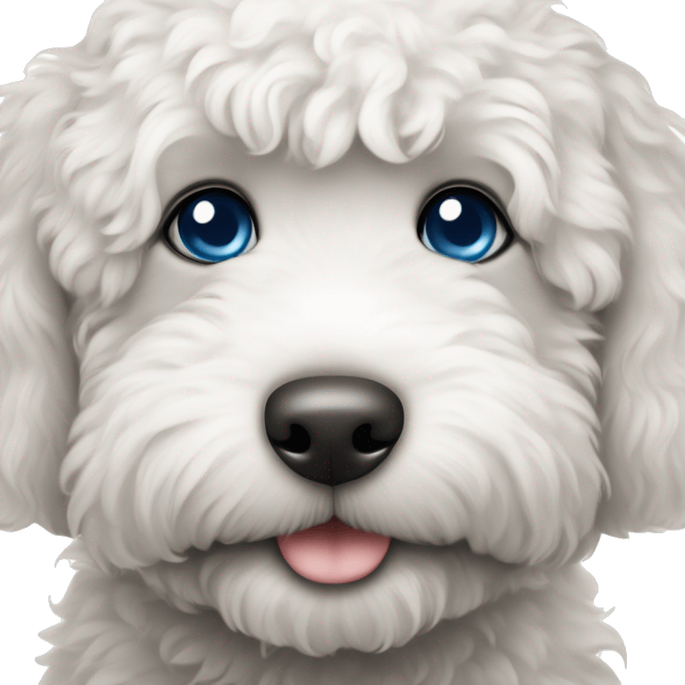 Black and white labradoodle puppy with one blue eye emoji