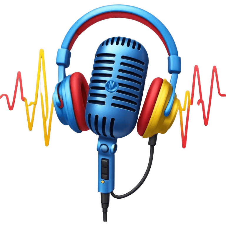 Create a dynamic and energetic emoji that represents beatboxing. The design should feature a microphone with soundwaves or rhythmic beats emanating from it, symbolizing the vocal percussion and rhythm of beatboxing. Add subtle elements like headphones or a beat pattern to reflect the technicality and creativity involved. Use bold, vibrant colors like neon blue, red, and yellow to convey the energy and street culture of beatboxing. The background should be transparent. emoji