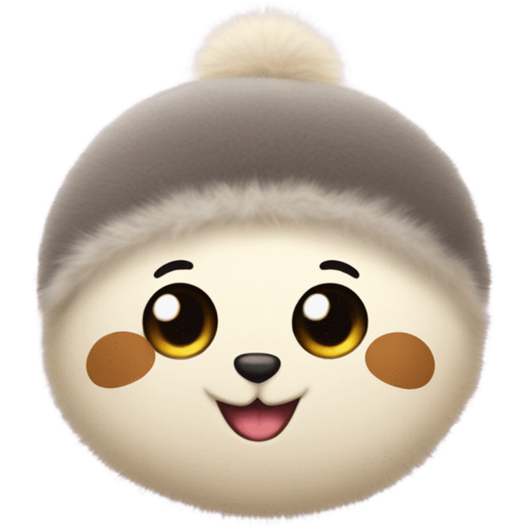 a cute fuzzy ball with a face wearing a russian hat and his name is pooshki and he is adorable emoji