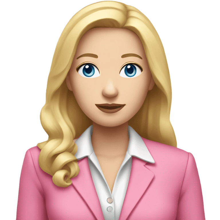 White woman with long blonde hair and blue eyes in pink pantsuit emoji