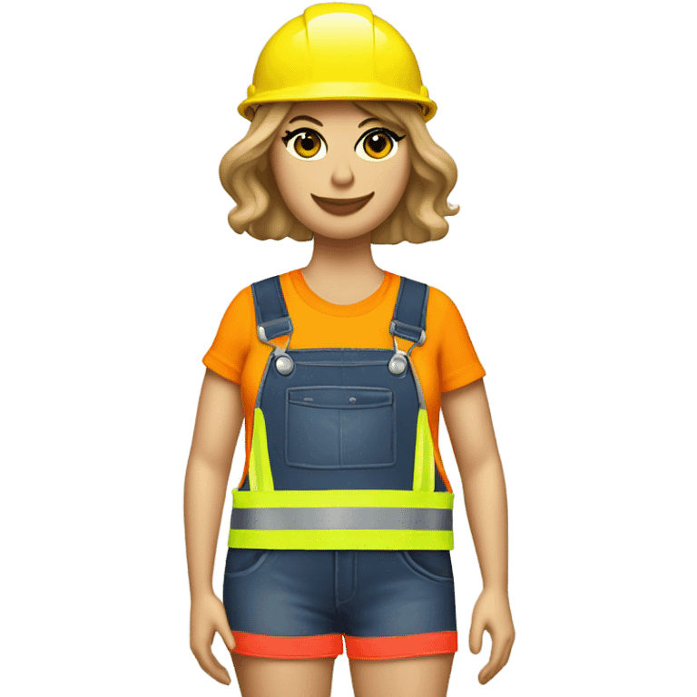 Taylor Swift is a construction worker wearing a patriotic dress with a neon yellow safety vest over the dress. she also has a hard hat and a patriotic patch on the vest emoji