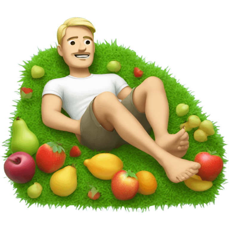 Man laying in grass surrounded by fruits emoji