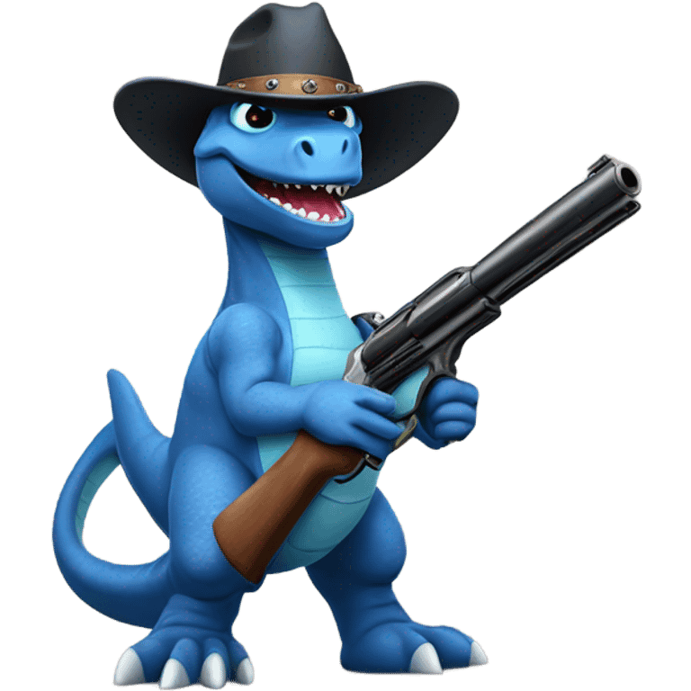 Blue dinosaur wearing a cowboy hat and has a gun emoji