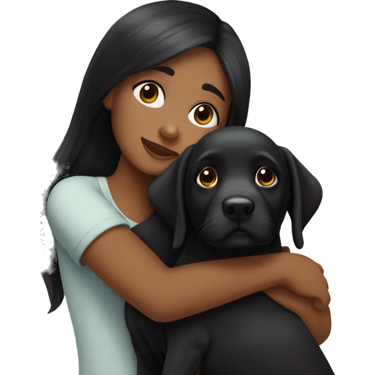 girl with very long black hair and dark skin hugging a black Labrador puppy emoji