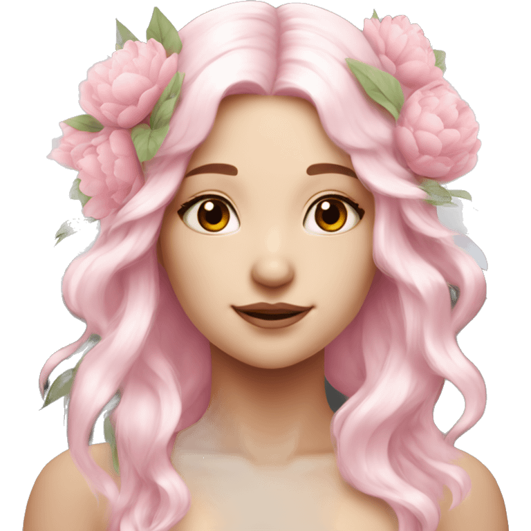 Beautiful, peony, fairy, white long, light pink hair, big wings, fair skin emoji