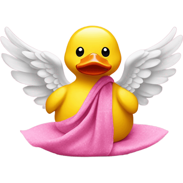 side view of yellow rubber duck with a pink bandana doing yoga while praying emoji