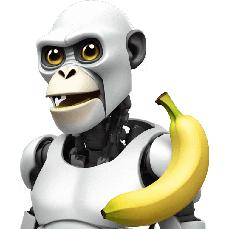 A robotic white ape eating banana and looking naughy emoji