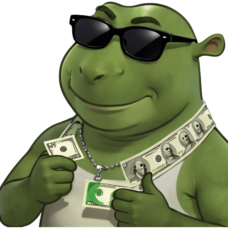 Shrek, wearing sunglasses, counting money emoji