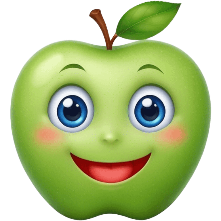 A cute green apple with a big smile and blue expressive big eyes emoji