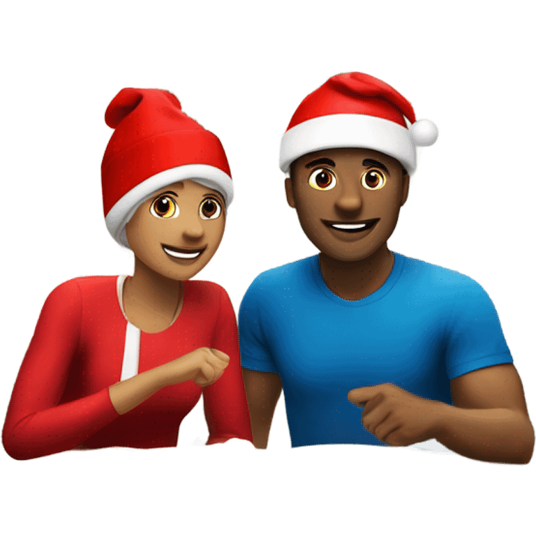 Sports emoji couple, man and woman in sportswear, sitting at the New Year's dinner table with a red Christmas hat emoji