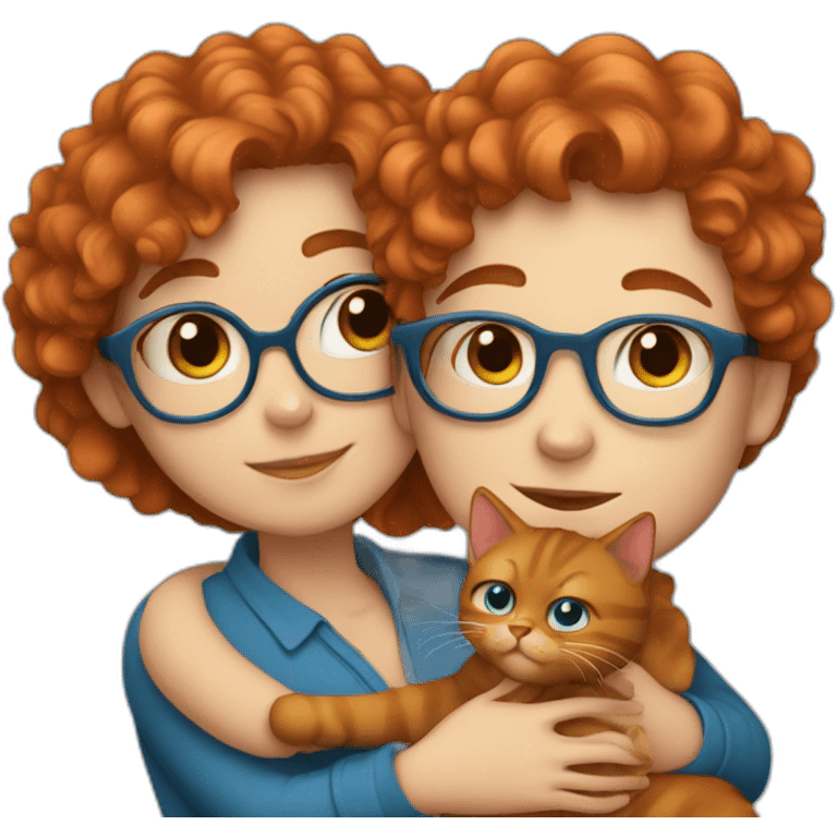 a pretty girl with curly copper hair and blue glasses hugging a cat emoji