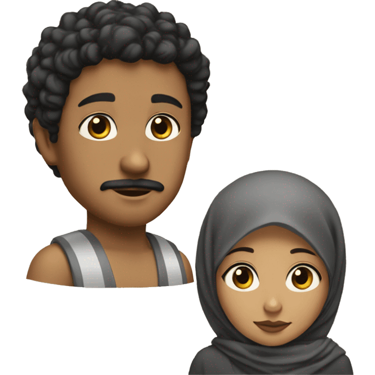 the brown boy has black short curly hair, goatee and moustache, black eyes. The girl has hijab  emoji