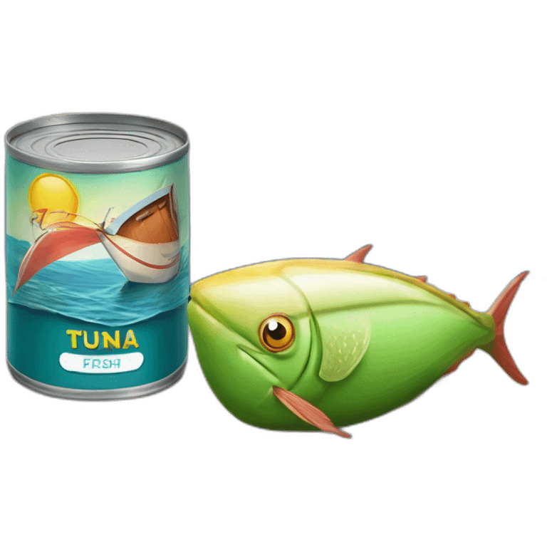 realistic can of tuna fish sowing the shape of a sailling boat on a sea background emoji