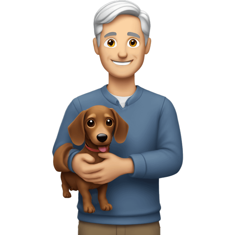  White man with grey hair smiling and holding a dachshund in his arms emoji