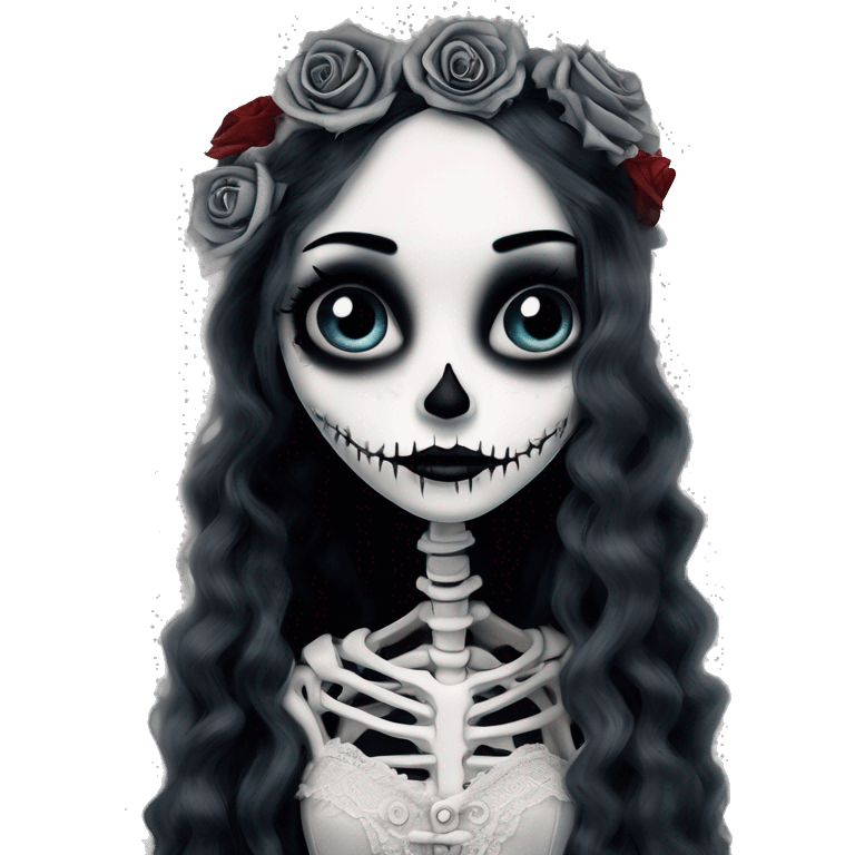 full height skeleton, tim burton "corpse bride", thin porcelain doll with a cracked face, goth makeup watery eyes, long hair, lace and ruffles, lolita style, inked, black and white, red roses emoji