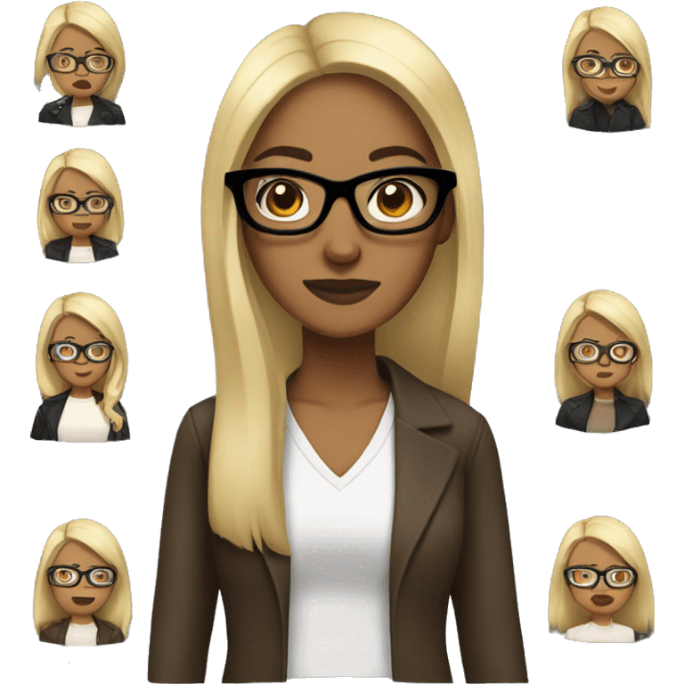 A brown woman with black straight hair with blonde pieces in the front and black glasses  emoji