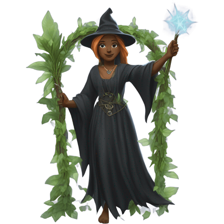 Painting of a witch in front of a leafy arch emoji