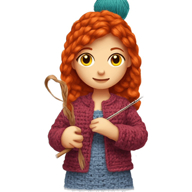 red head girl crocheting holding a crochet hook and a ball of yarn  emoji