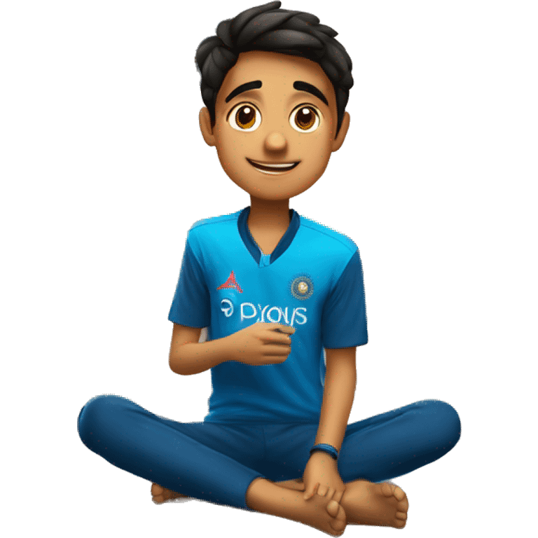 a teenage boy sitting in his room and watching Indian cricket match on tv. the boy is wearing an Indian jersey - with Prince 45 name shivraj with on it Pplyto al emoji