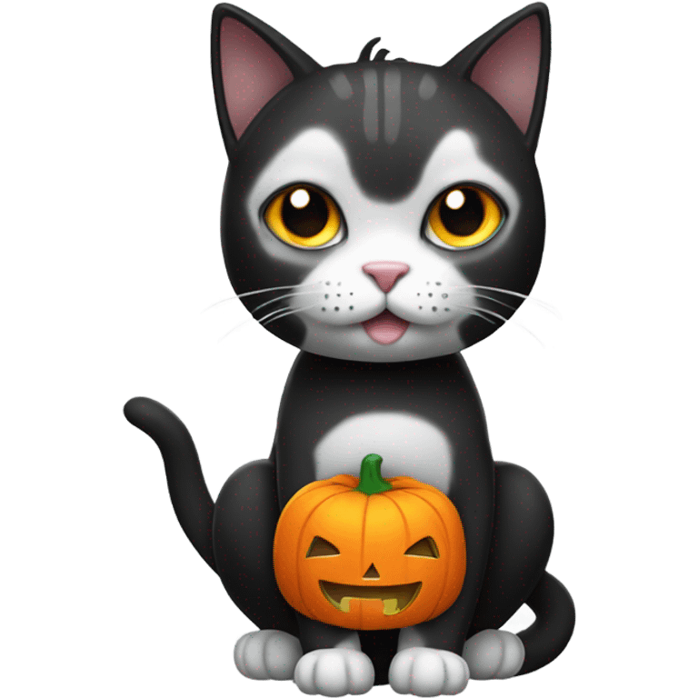 black and white cat wearing pumpkin costume emoji