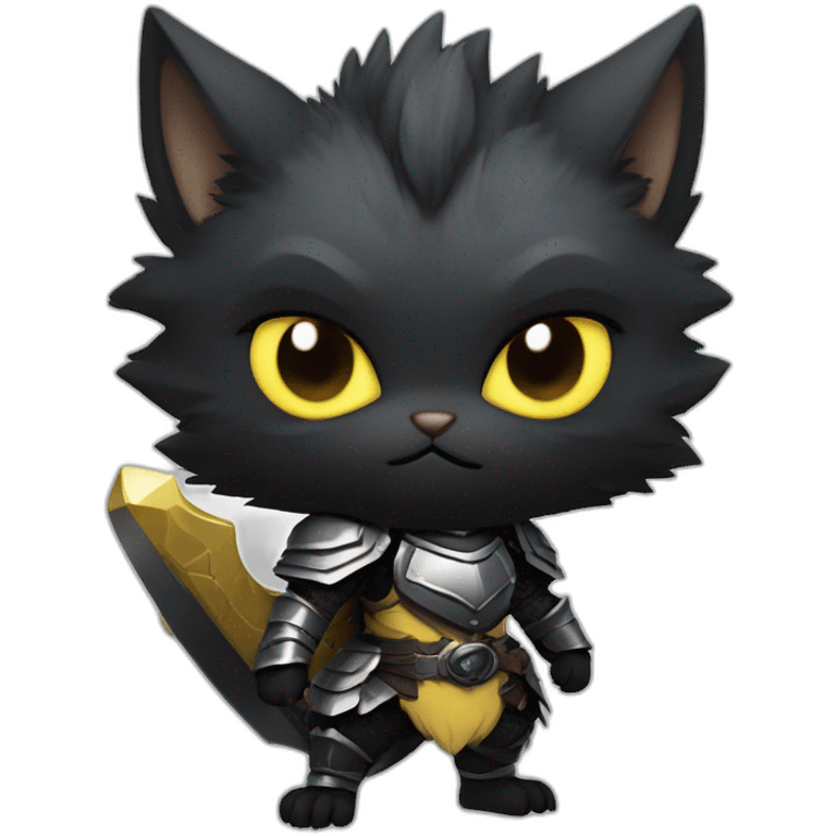 chibi monster hunter palico with all black fur and black face, on hind legs wearing armor, yellow eyes emoji