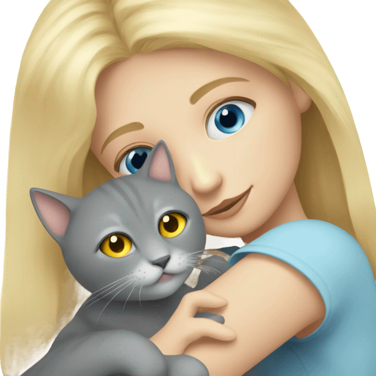 Blonde blue eyed girl hugs her grey cat with yellow eyes emoji