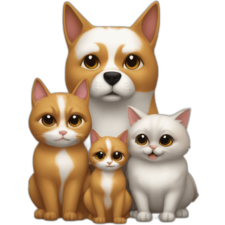 Famille d'une mère un père chauve, deux jumeaux et une petite sœur, un chien est 3 chats, avec un perroquet emoji