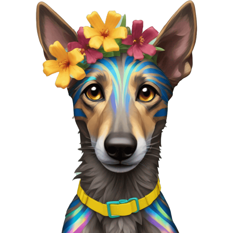  brindle brown black maroon striped lurcher Alsatian fox running blue eyes and iridescent holographic oilslick harness wearing paper iridescent tropical flower crown yellow caution tape emoji